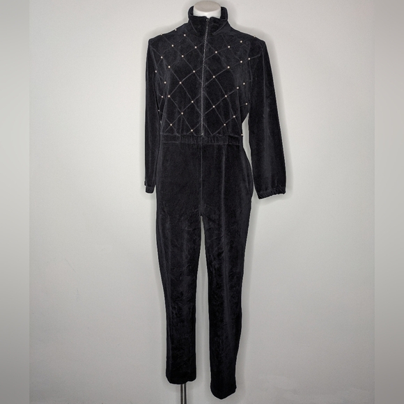 Vintage Saks Fifth Folio Collection Black Velvet Pearl Accent Zip Up Jumpsuit M - Picture 1 of 11